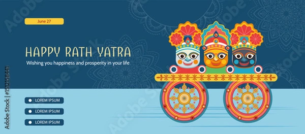 Fototapeta Indian festival Ratha Yatra holiday banner. Lord Jagannath, Balabhadra and Subhadra on decorative chariot with patterned wheels