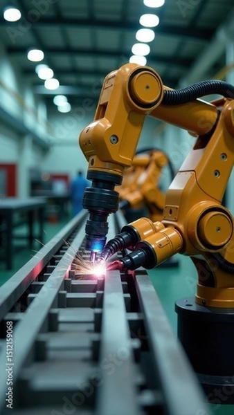 Fototapeta A robotic arm welds metal with precision in an industrial setting, showcasing advanced manufacturing technology at work