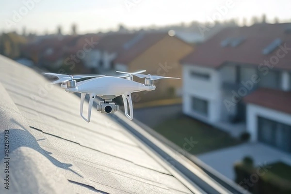 Fototapeta Drone inspecting house roof from above with camera