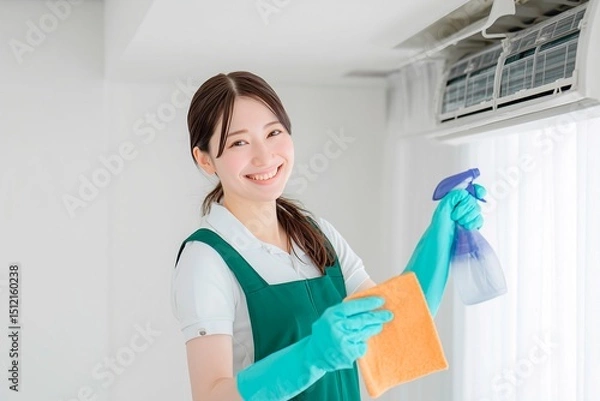 Obraz エアコン掃除をする笑顔の若い女性