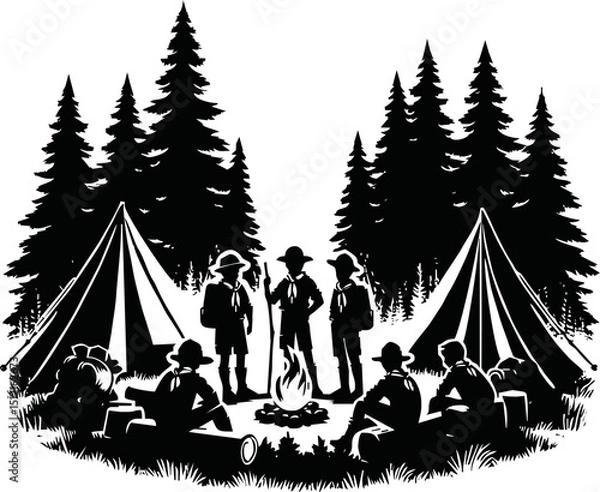 Fototapeta Silhouette of scout kids around campfire with tents and pine trees vector isolated on a white background
