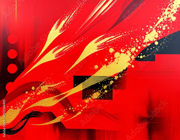 Fototapeta Dynamic abstract painting featuring bold red tones with sweeping gold accents and geometric black elements. Energetic brush strokes and splashes create a striking, modern visual impact