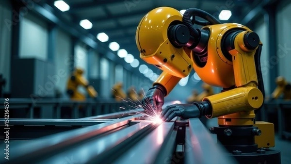 Fototapeta A yellow robot diligently welds metal pieces in a modern factory, showcasing advanced industrial automation