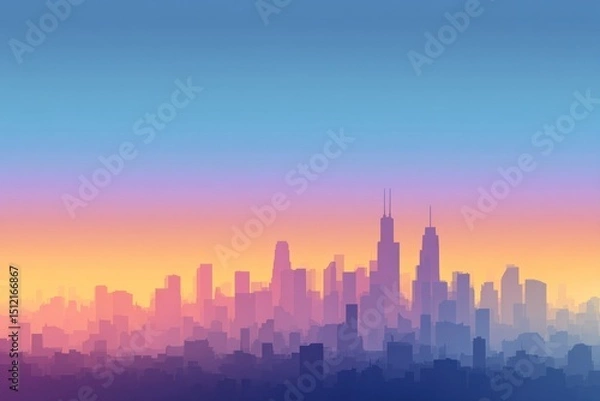 Fototapeta City skyline silhouette at sunset with colorful gradient sky above buildings.