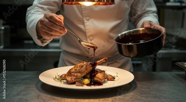 Fototapeta Chef plating roasted rabbit with wine sauce in professional kitchen visible herbs and reduction on spoon warm lighting high-end presentation
