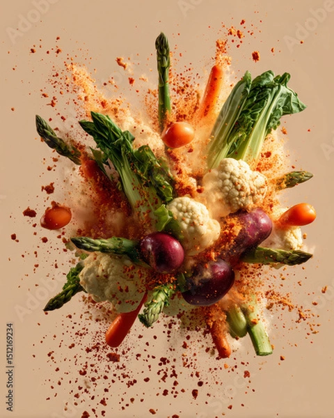 Fototapeta A close up of a colorful salad with a lot of vegetables including carrots, cauliflower, and asparagus. The salad is covered in a lot of spices, giving it a vibrant and spicy appearance