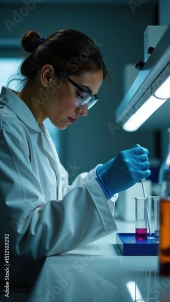 Fototapeta A scientist in a white lab coat and goggles carefully conducts research with a pipette in a laboratory setting
