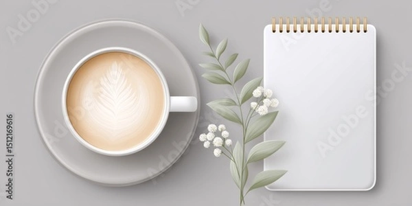 Fototapeta a minimalist design showing a coffee cup, laptop, and open planner with clean lines