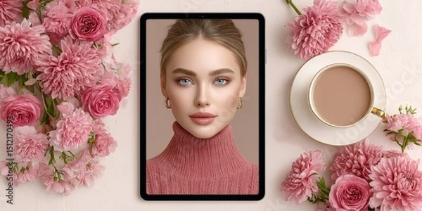 Fototapeta a realistic photo of influencer and brand collaboration photos displayed on a tablet