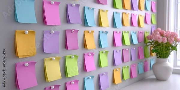 Fototapeta a realistic photo of sticky notes with campaign stages on a wall in a meeting room