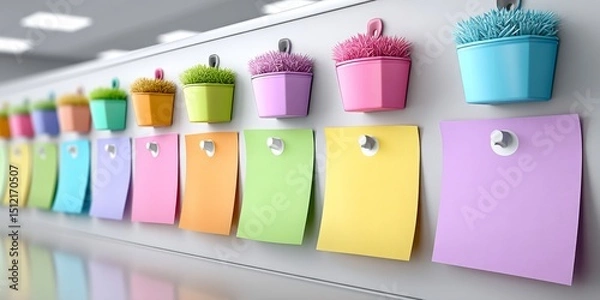 Fototapeta a realistic photo of sticky notes with campaign stages on a wall in a meeting room