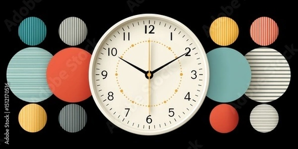 Fototapeta a retro 1970s style productivity chart with bold fonts and a rotating clock wheel for flexible hours