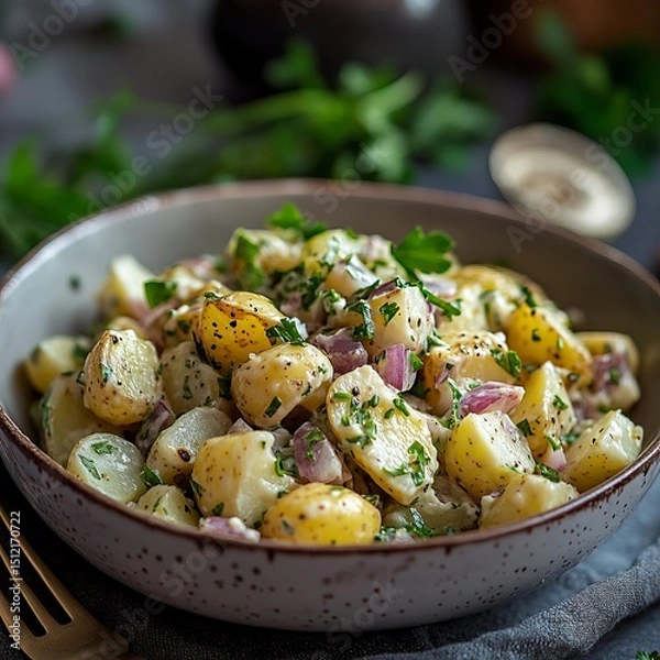 Fototapeta food photography, soft light, photorealistic, herbed potato salad, potato salad with fresh herbs and no mayonnaise, simple styling, light neutral colors, sharp focus