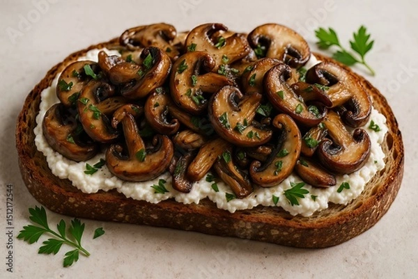 Obraz Close up of mushroom toast with ricotta cheese and parsley on a white surface in bright lighting
