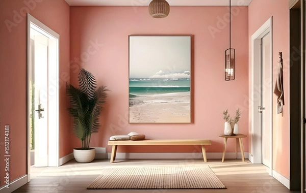 Fototapeta minimalist entryway with frame mockup, simple bench, small plant, warm-toned wall, soft recessed lighting, clean lines, neutral tones, elegant, welcoming atmosphere
