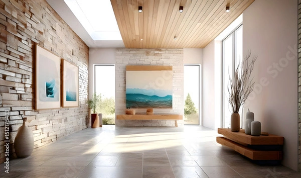Fototapeta Coastal interior design of modern entrance hall with stone tiles wall and wooden rustic elements. 
