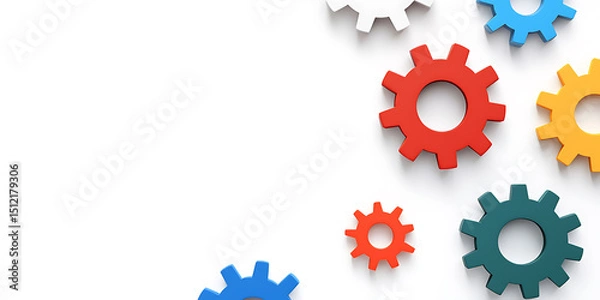 Obraz Colorful gears concept: Vivid gears on a white background symbolize teamwork, innovation, and mechanical processes. Visual metaphor for collaboration and progress.