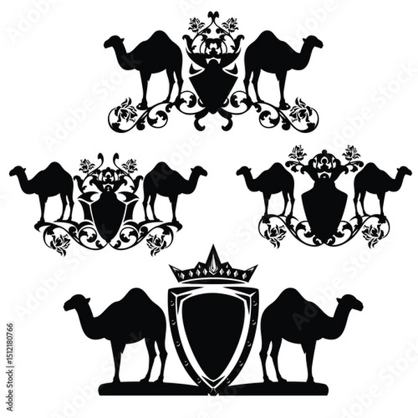 Obraz standing arabian dromedary camel and heraldic shield decorated with rose flowers and royal crown - pair of one-humped animals black and white vector luxurious insignia badge design
