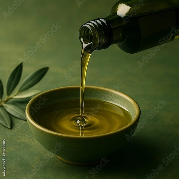 Obraz Olive oil being poured from a bottle into a ceramic bowl, with olive leaves in the background on a green surface.