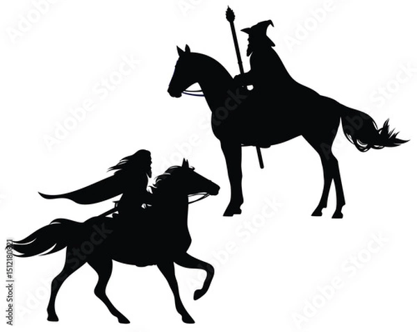 Obraz fantasy wizard riding horse galloping forward and standing - medieval fairy tale bearded magician man black and white vector silhouette set