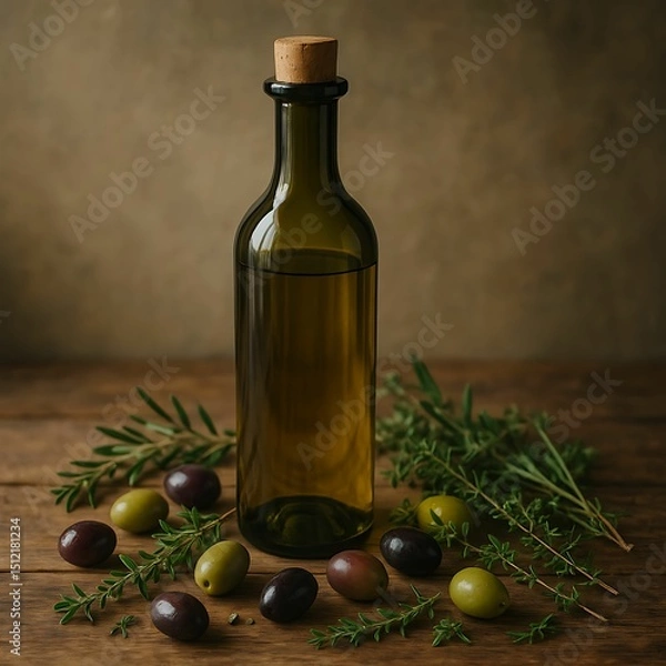 Obraz A rustic bottle of olive oil with assorted olives and fresh herbs on a wooden table.