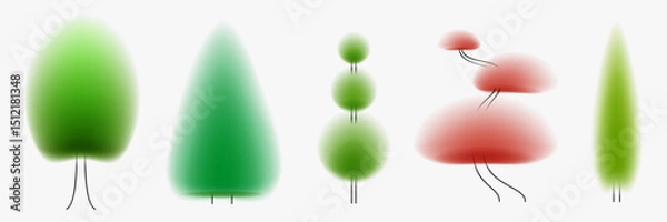 Fototapeta Trees various shapes in minimal art style. Creative art composition with blurred gradient and simple line elements. Set of bright modern botanical design.