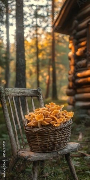 Fototapeta Vibrant orange mushrooms collected in a basket beside a rustic cabin in a forest during golden hour
