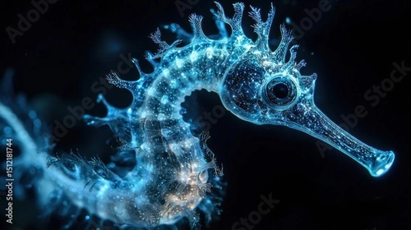Fototapeta Colorful seahorse illuminated by bioluminescent effects in a dark underwater environment