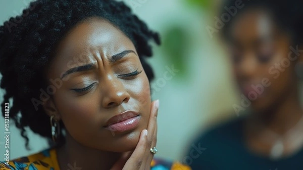 Fototapeta Woman in deep thought while engaging in a meaningful conversation with a friend in a cozy indoor setting