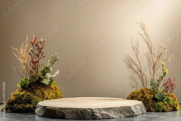 Fototapeta Natural elements combined with stones create a serene display in a minimalist indoor setting