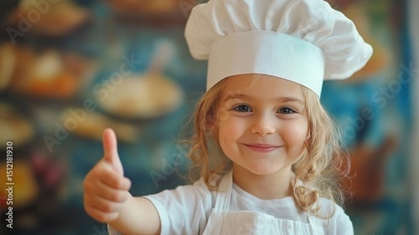 Fototapeta Young child chef shows enthusiasm while cooking in a colorful kitchen setting