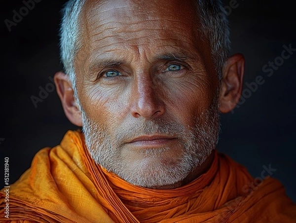Fototapeta Portrait of a serene individual in bright orange attire, reflecting wisdom and tranquility in a timeless setting