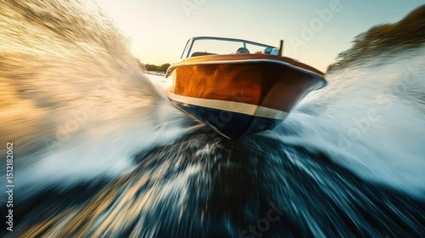 Fototapeta Speeding boat creates waves during sunset on a serene lake in early evening