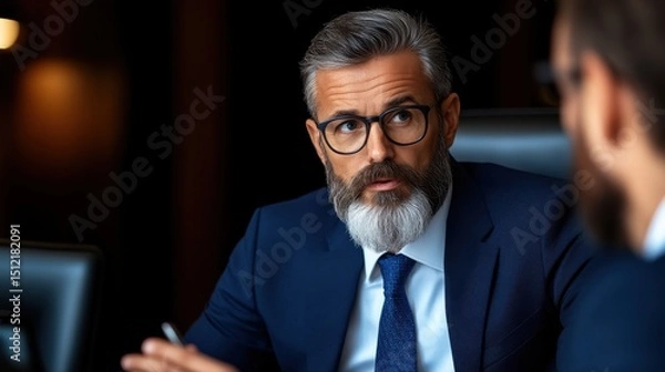 Fototapeta Senior professional discusses strategy with colleague in modern office setting during afternoon meeting