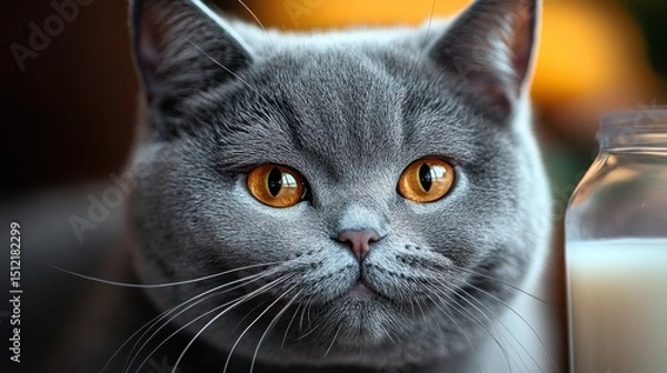 Fototapeta Charming gray cat with bright orange eyes relaxing beside a candle during a cozy evening at home