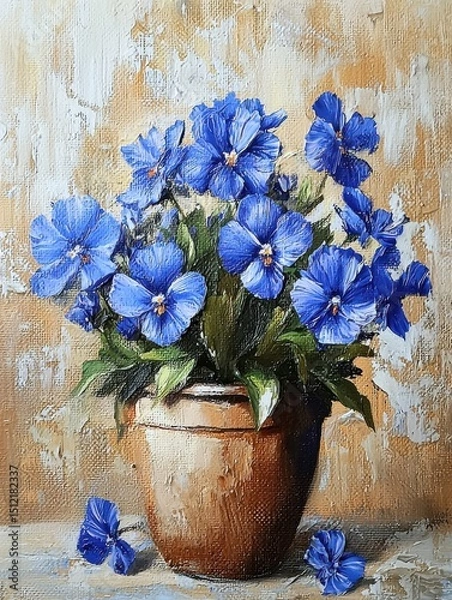 Fototapeta Vibrant blue flowers in a clay pot against a textured beige background capturing nature's beauty during daylight