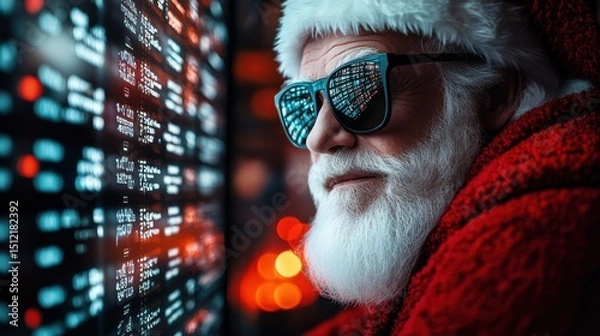 Fototapeta Santa Claus in sunglasses interacts with a glowing data display during the holiday season