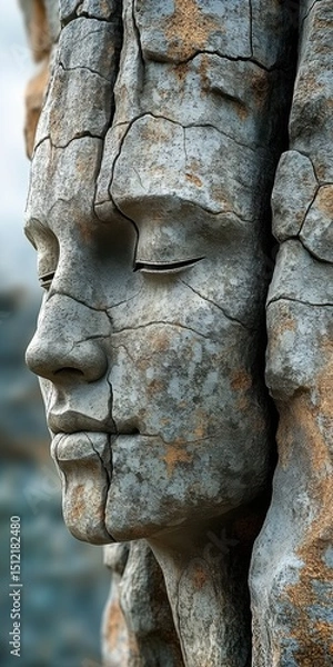 Fototapeta Intricate stone sculpture depicting a serene face with natural weathering