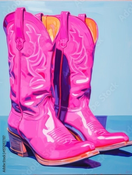 Fototapeta Bright pink cowboy boots displayed against a blue background capture the essence of Western fashion and make a striking statement in a modern setting