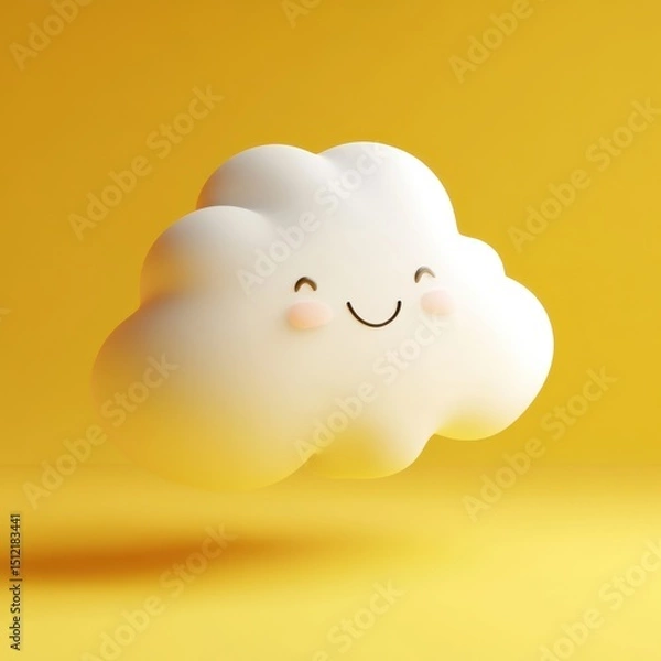 Fototapeta Cute smiling cloud floats against a cheerful yellow background, evoking a playful and whimsical mood in a delightful illustration