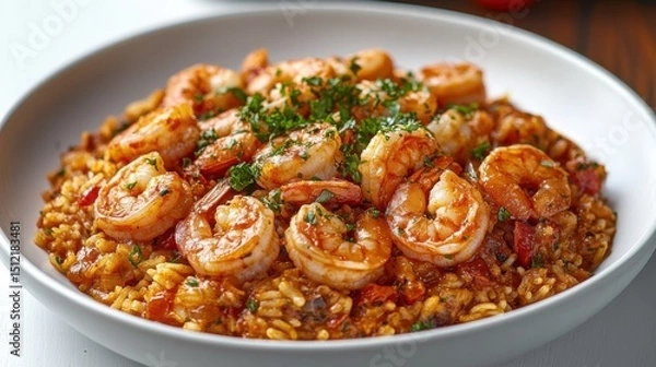 Fototapeta Delicious shrimp dish served over flavorful rice with herbs, perfect for a vibrant meal shared with family or friends