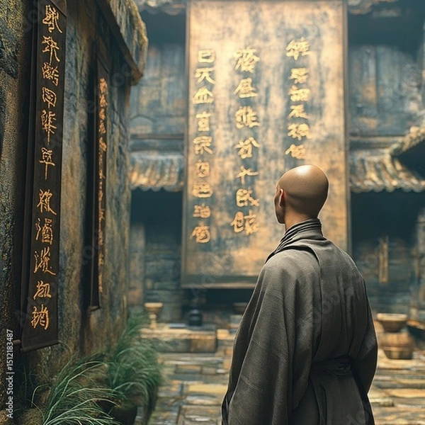 Fototapeta Buddhist monk exploring ancient temple with inscriptions in a serene setting surrounded by nature's tranquility