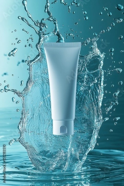 Fototapeta Water splashes around a light blue tube while droplets cascade in a serene setting