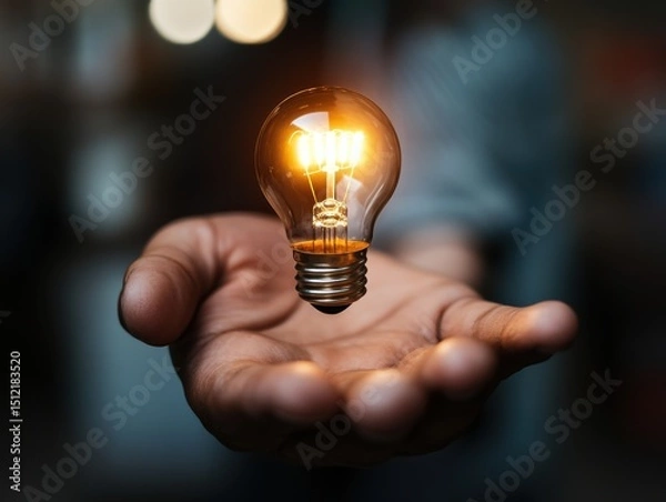 Fototapeta Hand holding an illuminated light bulb symbolizing innovation and creativity in a modern workspace setting