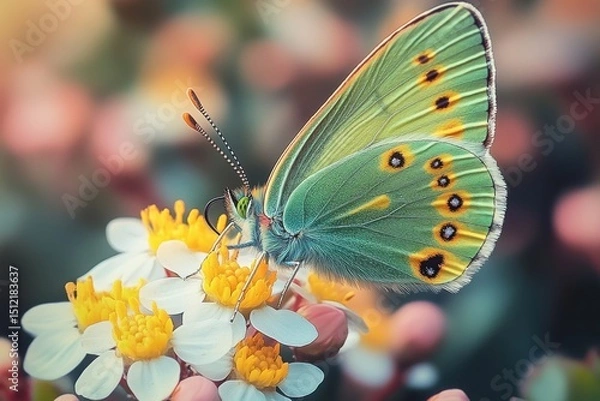 Fototapeta Vibrant green butterfly perched on blooming flowers in a colorful garden during a sunny day