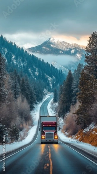 Fototapeta Majestic mountain road with a truck navigating through snowy landscape at dawn surrounded by evergreen trees