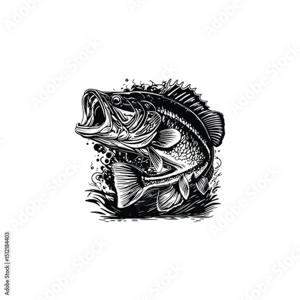 Fototapeta A largemouth bass with open mouth isolated on white background. Silhouette Art