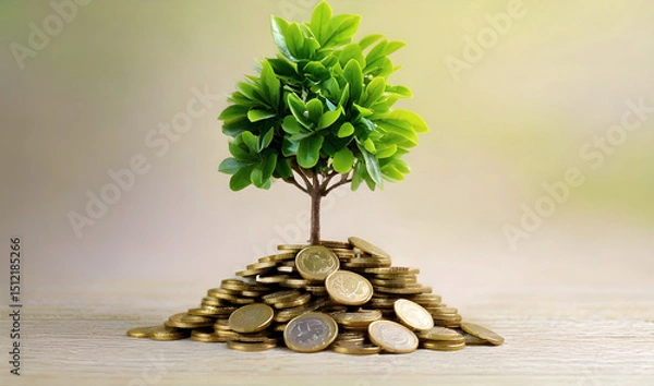Fototapeta How about A plant growing from a pile of coins symbolizing financial growth and investment?