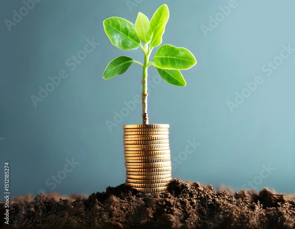 Fototapeta How about A plant growing from a pile of coins symbolizing financial growth and investment?