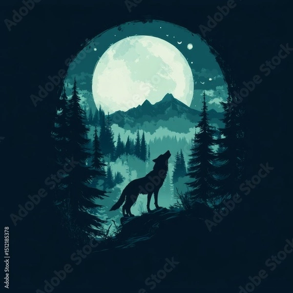 Fototapeta Majestic Wolf Howling Silhouette Capturing Wild and Powerful Energy | Nature-Inspired and Striking Design | Flat Vector Illustration